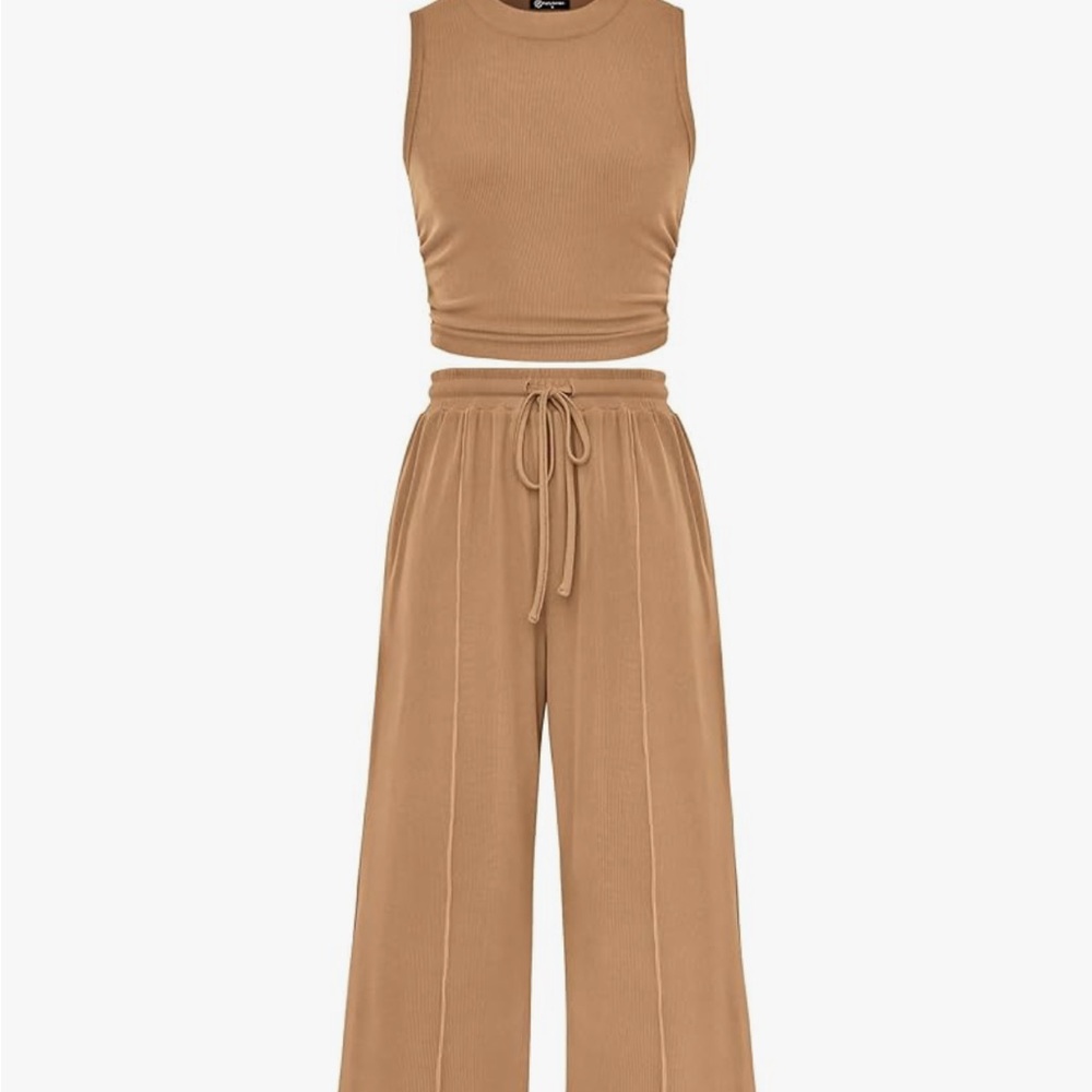 Tan Wide-Leg Pantsuit with Drawstring Waist